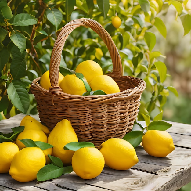 un panier de citrons avec un panier De citrons sur une table en bois