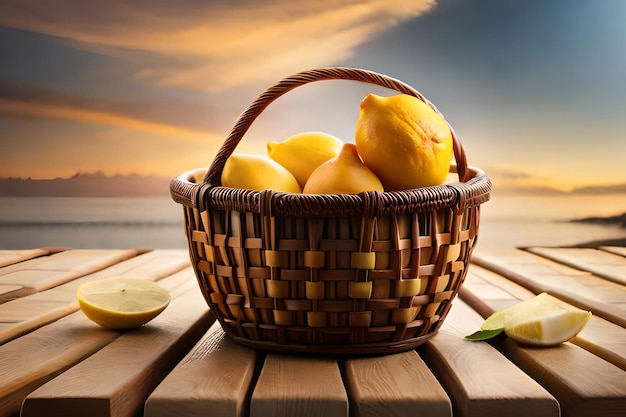 Un panier de citrons sur une table avec un coucher de soleil en arrière-plan