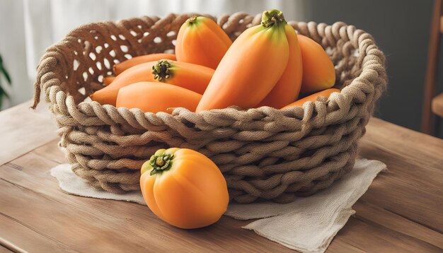 un panier de citrouille jaune sur une table avec une serviette blanche