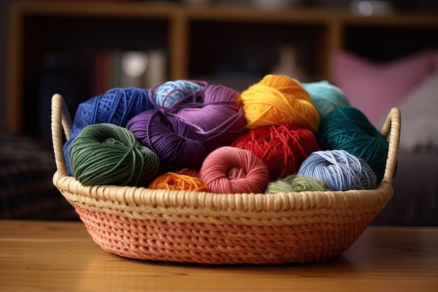 Panier coloré de fournitures de tricot avec jeté douillet à proximité