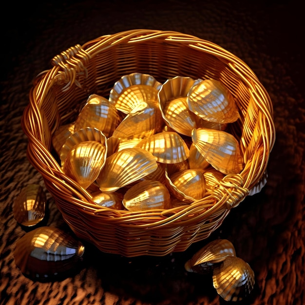 Un panier de coquillages dorés est posé sur une table avec le mot coquillage dessus.