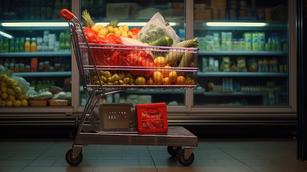 Un panier dans une épicerie plein de fruits et légumes IA générative