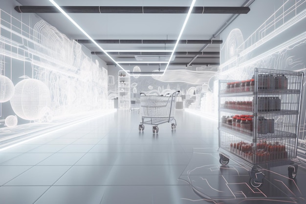 Un panier dans un magasin avec un fond blanc et une lumière bleue.