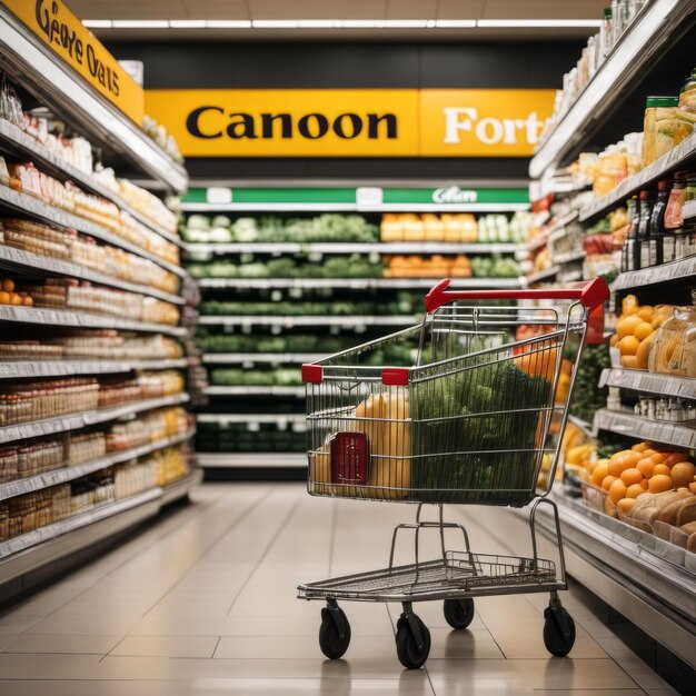 Panier dans un supermarché Photo floue abstraite dans les centres commerciaux Panier dans les produits à l'échelle du marché