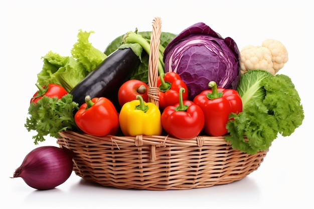 Un panier avec divers légumes frais différents isolé sur fond blanc