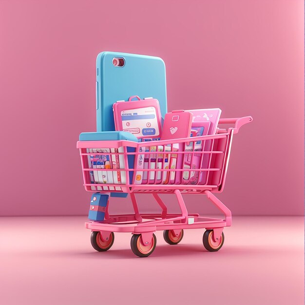 panier drôle 3d rendu vente achat en ligne magasin panier mobile e-commerce 3d rose fond drôle boutique en ligne sur l'application mobile 24 heures panier achat carte de crédit dispositif de commerce électronique drôle rendu 3d