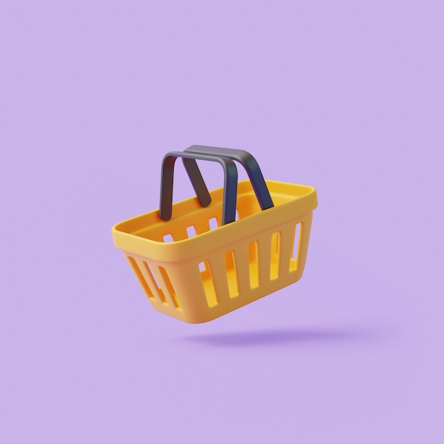 Panier d'épicerie de dessin animé volant sur fond violet panier d'épicerie vide de style minimaliste 3D