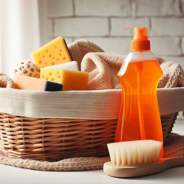 Un panier avec des éponges et une brosse à côté d'une bouteille d'orange en plastique avec du détergent liquide sur une table blanche