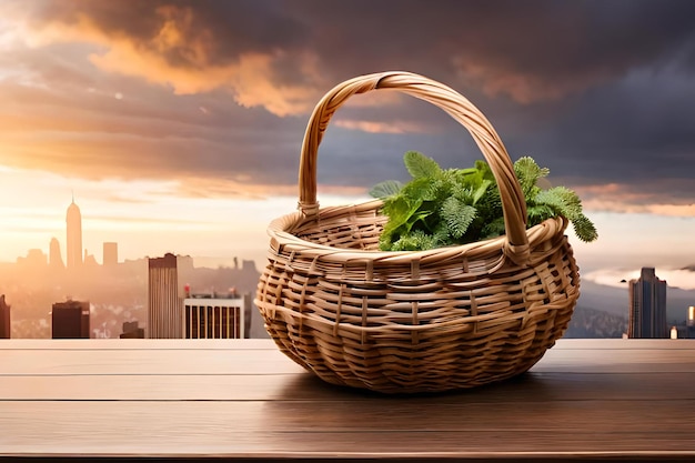 Un panier de feuilles de menthe est posé sur une table avec un paysage urbain en arrière-plan.