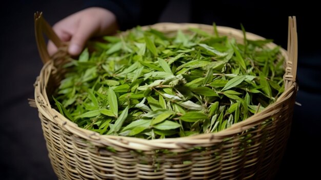 Un panier de feuilles de thé vert est tenu par une personne.