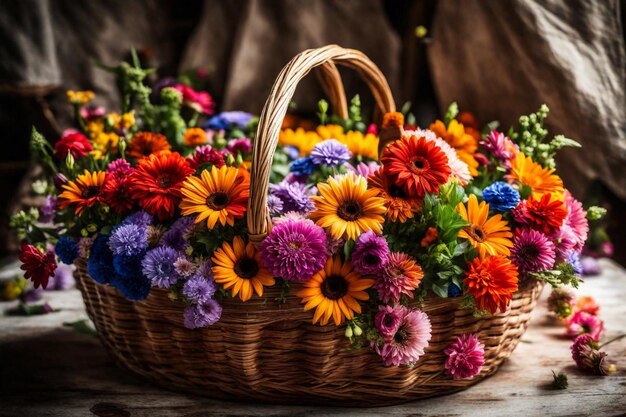 un panier de fleurs avec un basket de fleurs sur le côté