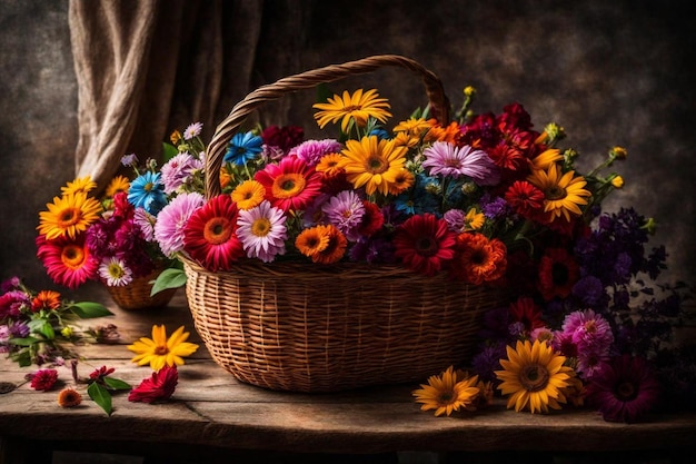 un panier de fleurs avec un basket de fleurs sur la table