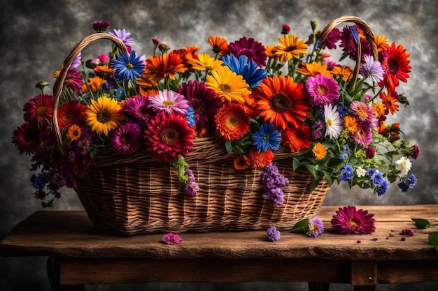 un panier de fleurs avec un basket de fleurs sur une table