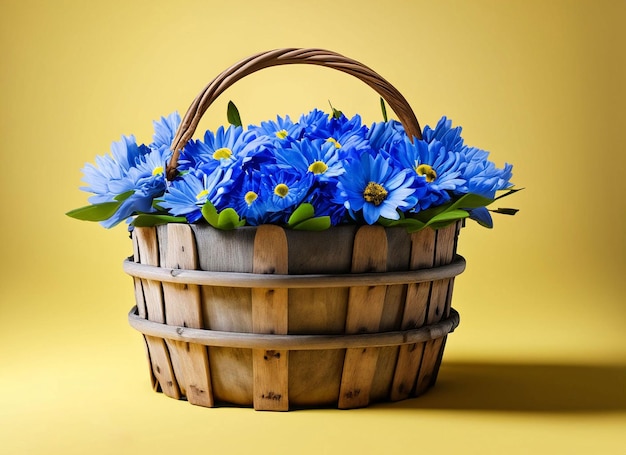 Un panier de fleurs bleues sur fond jaune