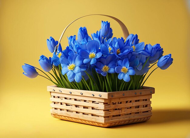 Un panier de fleurs bleues avec le mot tulipes dessus