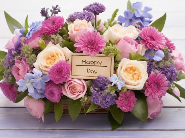Photo un panier de fleurs avec une carte disant bonjour