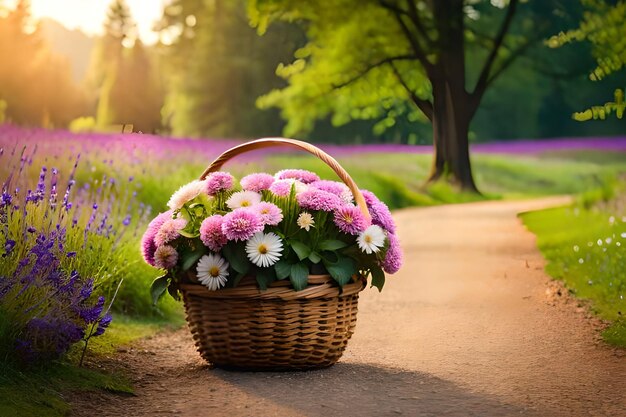 un panier de fleurs dans un champ avec un arbre en arrière-plan