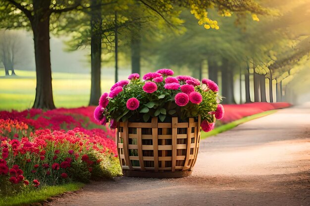 un panier de fleurs dans la forêt