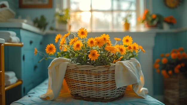 Un panier de fleurs éclairé par le soleil avec des fleurs jaunes et orange