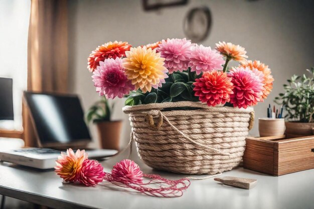 un panier de fleurs est assis sur une table à côté d'un ordinateur portable