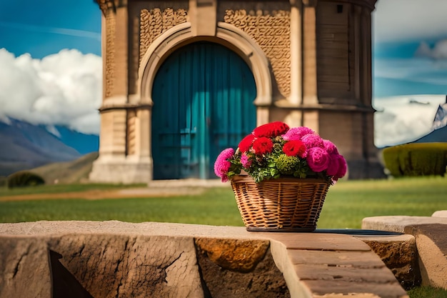 un panier de fleurs est posé sur un banc de pierre devant un bâtiment.