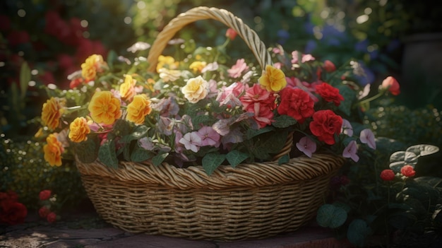 Un panier de fleurs est posé sur un rebord dans un jardin.