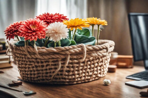 Photo un panier de fleurs avec une fenêtre derrière eux