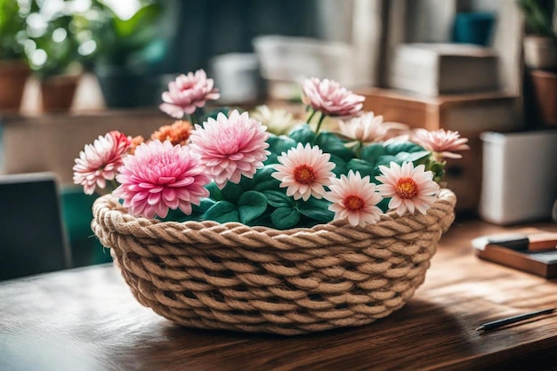 un panier de fleurs avec des fleurs sur le côté