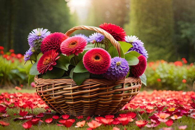 un panier de fleurs avec un fond forestier