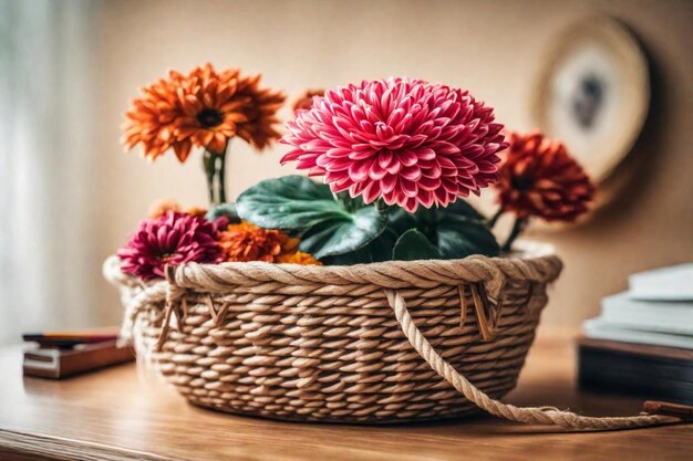 un panier de fleurs avec un miroir derrière eux