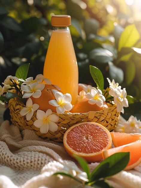 Un panier de fleurs avec des oranges