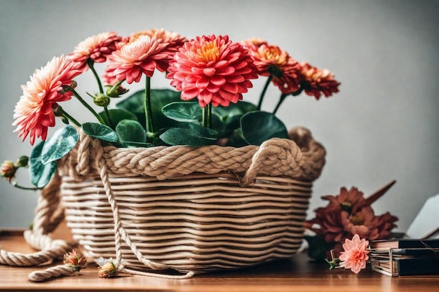 Photo un panier avec des fleurs et un panier sur un fond gris