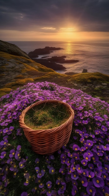 Un panier de fleurs se trouve sur une colline surplombant l'océan.