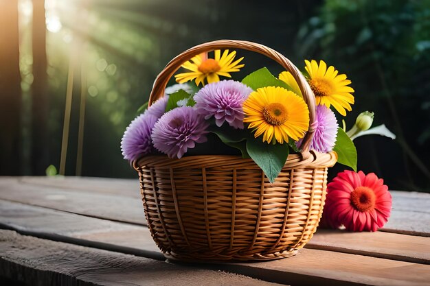 un panier de fleurs avec un soleil derrière lui