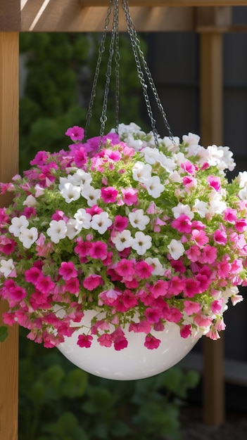 Un panier de fleurs suspendu avec des fleurs roses et blanches suspendues au plafond.