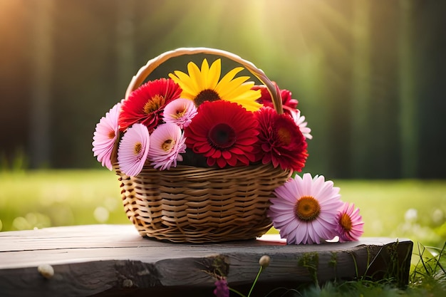 panier de fleurs sur une table en bois