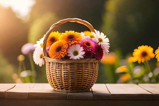 un panier avec des fleurs sur une table en bois