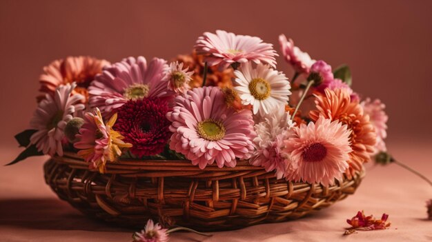 Un panier de fleurs sur une table