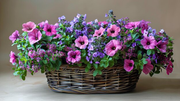 Un panier de fleurs violettes sur une table en bois