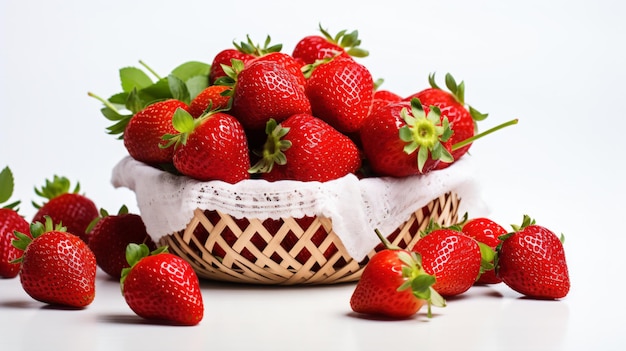 un panier de fraises avec un tissu blanc