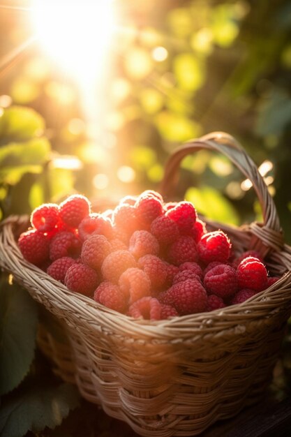 Un panier de framboises au soleil