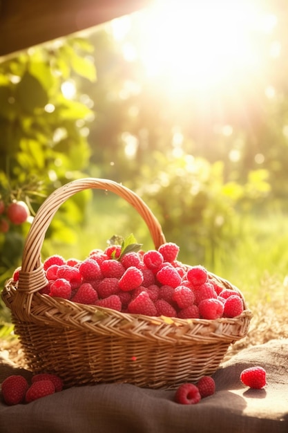 Un panier de framboises dans le jardin