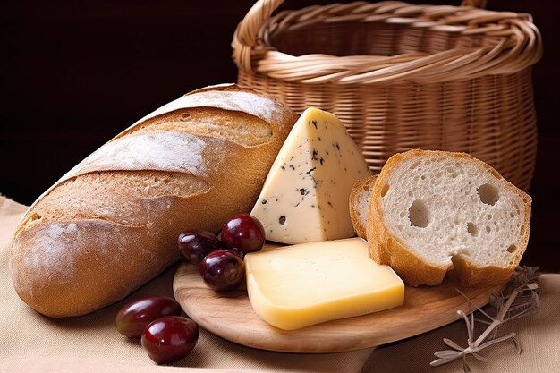 Photo un panier de fromage et de pain avec des raisins dessus
