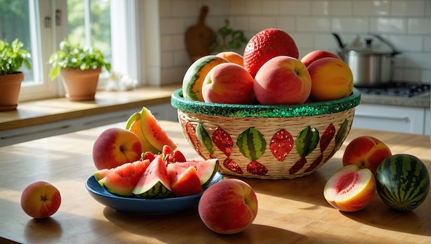 Un panier de fruits à base de pastèques, de melons, de fraises et de pêches disposés sur une table dans la cuisine ensoleillée