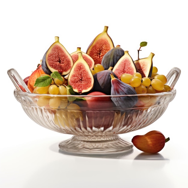 Photo panier de fruits avec des figues et des abricots dans un panier de verre isolé ia générative