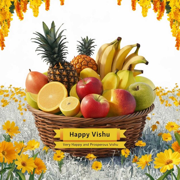 un panier de fruits et de fleurs avec une image d'un bouquet de bananes et d'un ananas