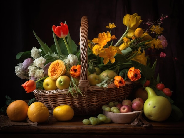 Un panier de fruits et de fleurs sur une image générative de table ai