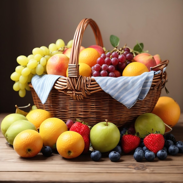 Panier et fruits frais sur table en bois Ai généré