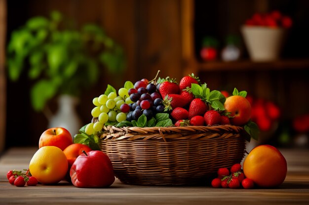 Panier et fruits frais sur table en bois IA générative