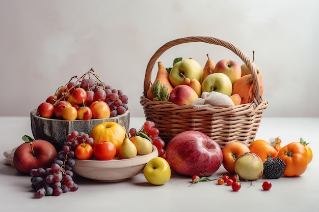 Un panier de fruits et légumes sur une table